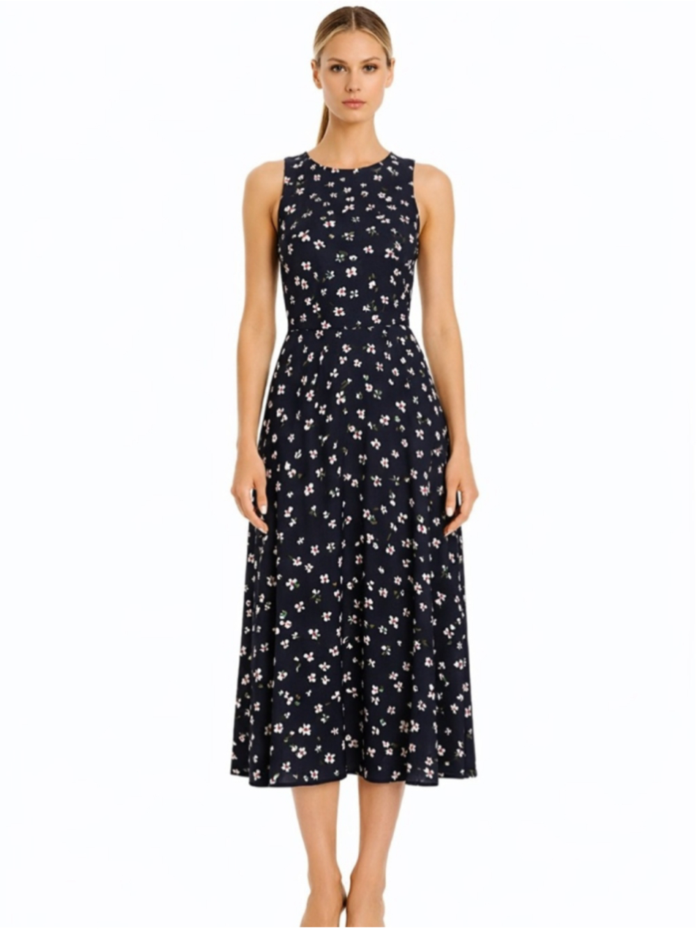 Banana Republic Floral Midi Dress Navy White Fit and Flare Size 4